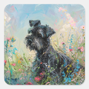 Adesivo Quadrado Schnauzer - Flores Selvagens Coloridas