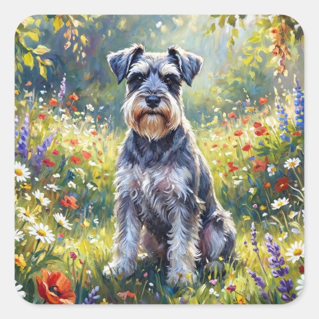 Adesivo Quadrado Schnauzer in Wildflower Meadow (Frente)