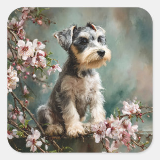 Adesivo Quadrado Schnauzer Puppy Among Spring Cherry Blossoms