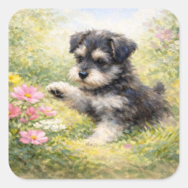 Adesivo Quadrado Schnauzer Puppy Springtime Flowers