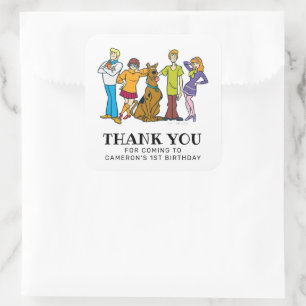 Adesivo Quadrado Scooby-Doo e Gang Aniversário Obrigado