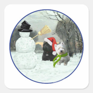 Adesivo Quadrado Scottie e Westie com Boneco de Neve