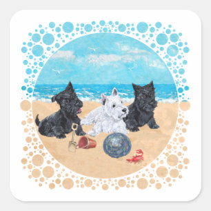 Adesivo Quadrado Scottie & Westie Filhotes na Praia