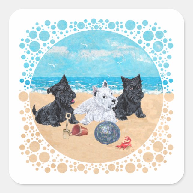 Adesivo Quadrado Scottie & Westie Pups na praia (Frente)