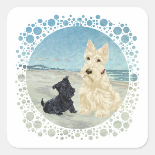 Adesivo Quadrado Scotties na Praia, Wheaten e Cachorro Preto