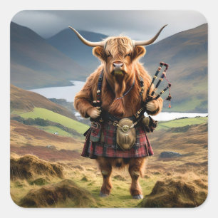 Adesivo Quadrado Scottish Highland Cow Bagpiper,