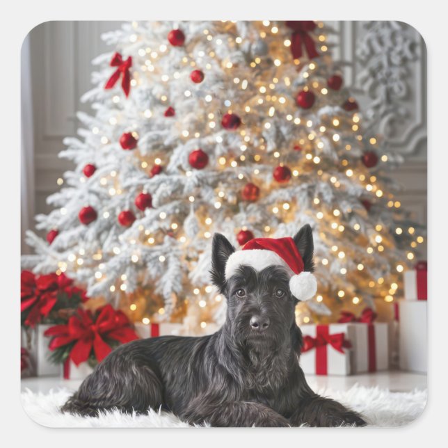 Adesivo Quadrado Scottish Terrier By Christmas Tree (Frente)