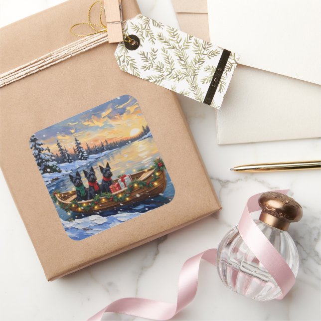 Adesivo Quadrado Scottish Terrier Christmas Boat Holiday (Presentear)