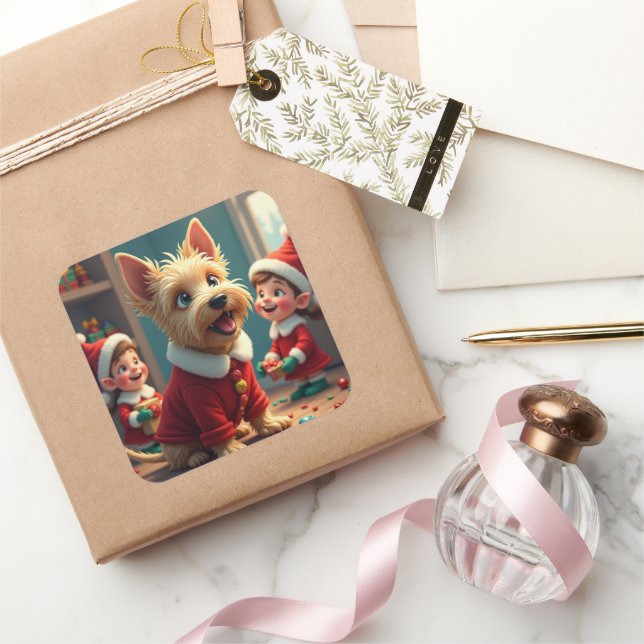 Adesivo Quadrado Scottish Terrier Helping Santa’s Elves Christmas (Presentear)