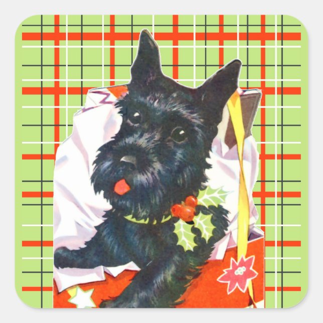 Adesivo Quadrado Scottish Terrier Scottie com vinhetas de xadrez ve (Frente)