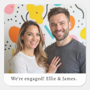 Adesivo Quadrado Script de Anúncio de Noivado de Nome de Foto Perso