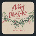 Adesivo Quadrado Script Merry Christmas Greenery Branch<br><div class="desc">Um adesivo festivo,  vermelho,  verde e branco de presente de Natal,  adesivo de favor ou invólucro de envelopes com guião em negrito e verde-aquarela com folhas e bagas.</div>