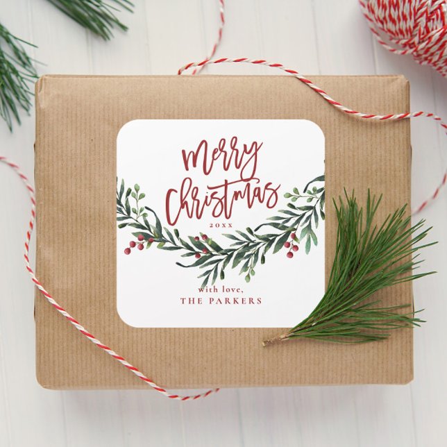 Adesivo Quadrado Script Merry Christmas Watercolor (Script Merry Christmas Greenery Gift Tag Sticker.)