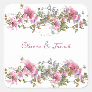 Adesivo Quadrado Script Romântico de Aquarela Floral Cor-de-Rosa