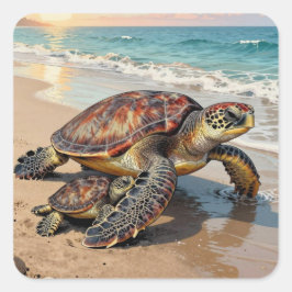 Adesivo Quadrado Sea Turtle and Baby on Beach Illustration