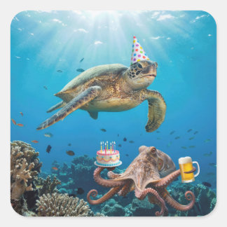 Adesivo Quadrado Sea Turtle Birthday Party with Octopus