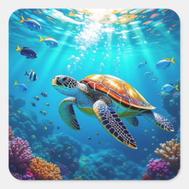 Adesivo Quadrado Sea Turtle Colorful Underwater Scene