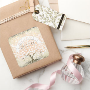 Adesivo Quadrado Seal de Casamento de Árvores de Coral Pinkish Cor