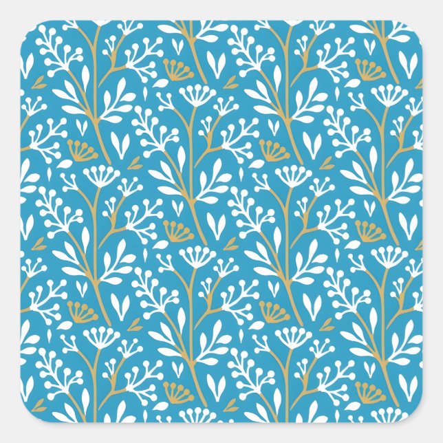 Adesivo Quadrado Seamless Floral Pattern: White and Gold on Blue (Frente)