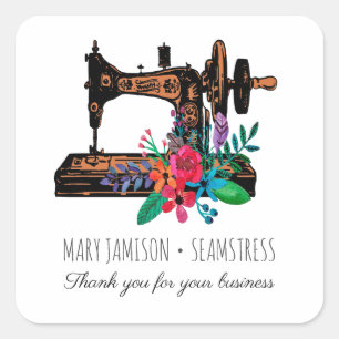 Adesivo Quadrado Seamstress Tailor Vintage Sewing Machine Floral