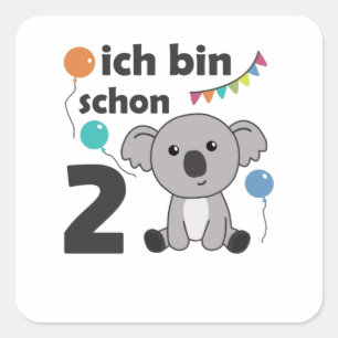 Adesivo Quadrado segundo aniversário De Koala, Dois Anos, Animais