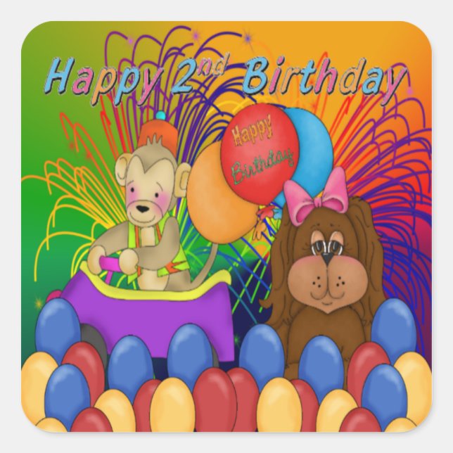 Adesivo Quadrado Segundo aniversário Feliz (Frente)