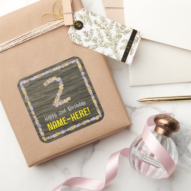 Adesivo Quadrado segundo aniversário: Floral Number, Faux Wood Look (Presentear)