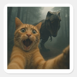 Adesivo Quadrado Selfie De Gato Com Animal De Comédia De Dinossauro