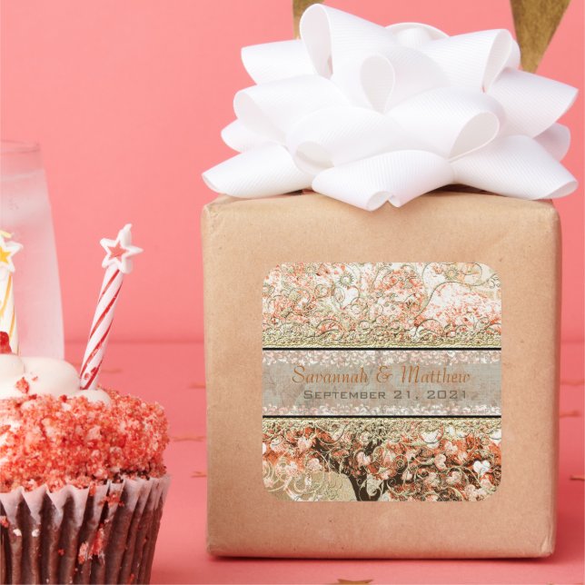 Adesivo Quadrado Selo de Casamento de Árvore Folha de Rosa Dourada (Festa)