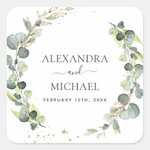 Adesivo Quadrado Selo de Casamento Eucalyptus Greenery Succulent