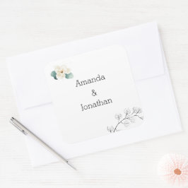 Adesivo Quadrado Selo de Envelope de Casamento da Magnolia Branca M