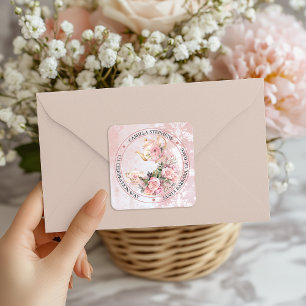 Adesivo Quadrado Selo de Envelope de Retorno de Chá Alta Floral Ros
