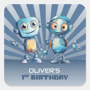 Adesivo Quadrado Selo de Envelope do primeiro aniversario Tema Robô