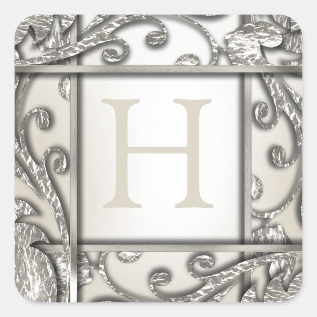 Adesivo Quadrado Selo de Envelope Monograma de Lata Prateada (Frente)