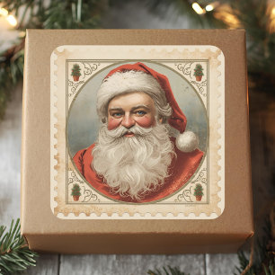 Adesivo Quadrado Selo de Natal Clássico com Retrato de Papai Noel A