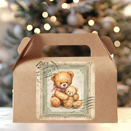Adesivo Quadrado Selo Postal de Urso Teddy Vintage Abraço