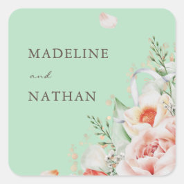 Adesivo Quadrado Selos De Envelope De Buquê Floral Mint Green & Pea