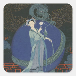 Adesivo Quadrado Senhora com um dragão (litho da cor)