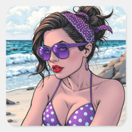 Adesivo Quadrado Senhora da praia em Shades, Bikini e Bandana