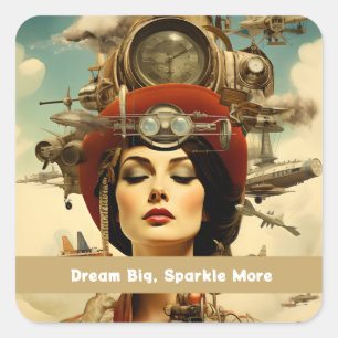 Adesivo Quadrado Senhora Steampunk Sonhe Grande, Brilhe Mais