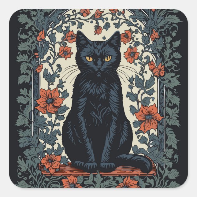 Adesivo Quadrado Sentado Black Cat Vintage Floral (Frente)