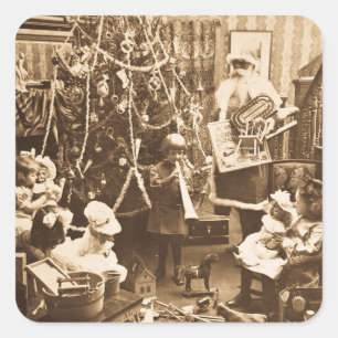 Adesivo Quadrado Sepia de Stereoview do vintage do papai noel do