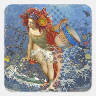 Adesivo Quadrado Sereia Aquário Arte Azul Gótica