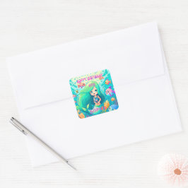 Adesivo Quadrado Sereia Colorida, Feliz Festa de Aniversário