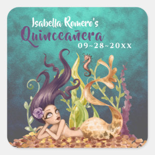 Adesivo Quadrado Sereia e cavalo de mar sob o mar Quinceañera