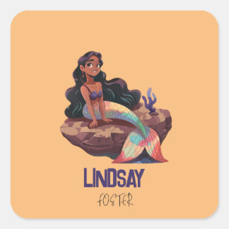 Adesivo Quadrado Sereia Elegante e Bonita com Nome para Crianças