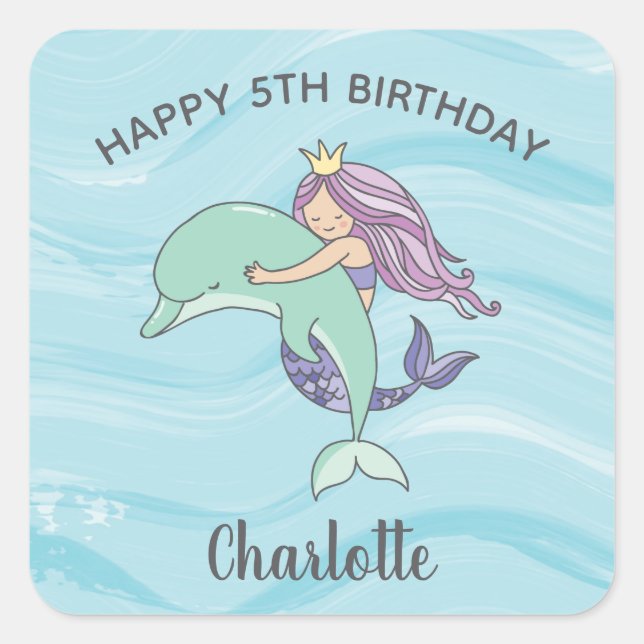 Adesivo Quadrado Sereia Púrpura de Pele Justa com Golfinho Aniversá (Frente)