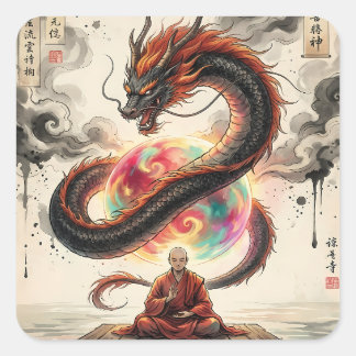 Adesivo Quadrado Serene Encounter: Monk and the Celestial Dragon