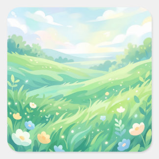 Adesivo Quadrado Serene Green Meadow and Spring Flowers