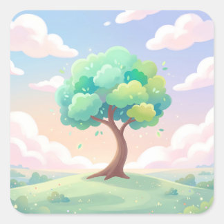 Adesivo Quadrado Serene Green Tree and Pastel Clouds